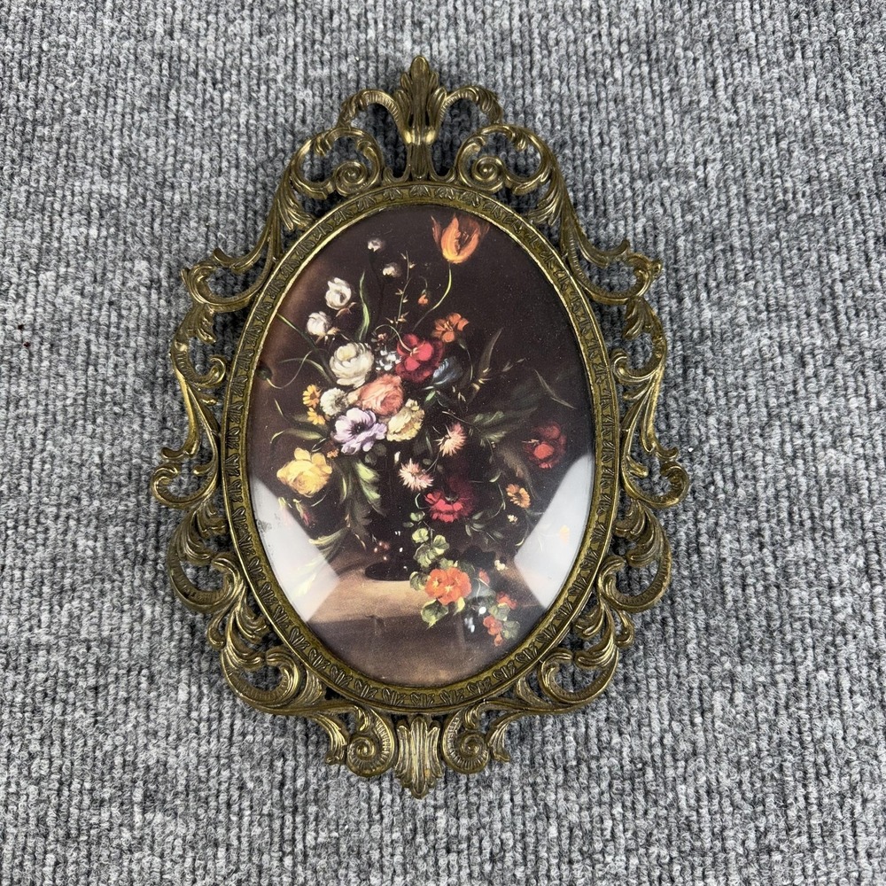 Vintage Italian Floral Oval Wall Print Metal Bubble Frame Italy Small Decor